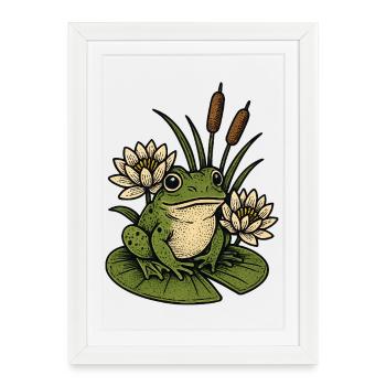 Grenouille au bassin aux nénuphars - Affiche encadrée (27 × 37 cm) - blanc - Devant