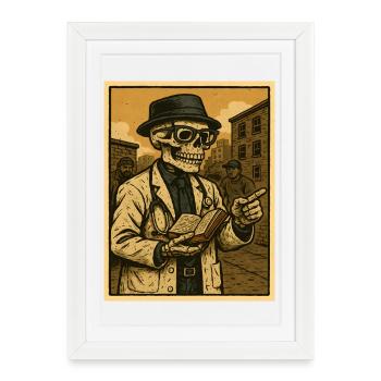 Médecin squelette avec un livre dans un style rétro - Affiche encadrée (27 × 37 cm) - blanc - Devant