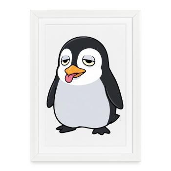Dessin animé Penguin Fatigué, langue tombante - Affiche encadrée (27 × 37 cm) - blanc - Devant