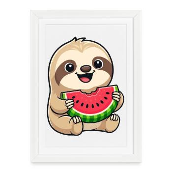 Dessin animé drôle, melon paresseux d’été avec des fruits mignons - Affiche encadrée (27 × 37 cm) - blanc - Devant
