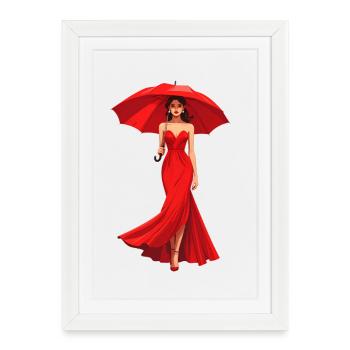 Femme élégante en robe rouge avec parapluie - Affiche encadrée (27 × 37 cm) - blanc - Devant
