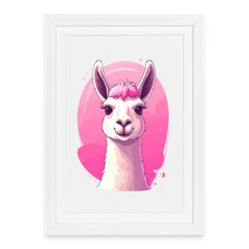Lama / Alpaga devant le rose - Affiche encadrée (27 × 37 cm) - blanc - Devant