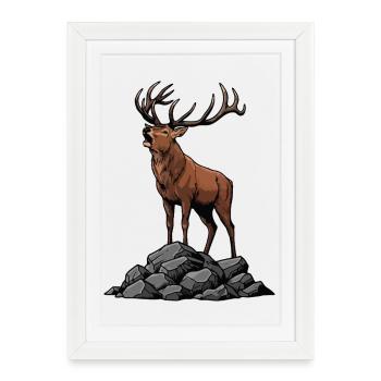 Cerf Majestueux Brame Puissant Nature Sauvage - Affiche encadrée (27 × 37 cm) - blanc - Devant