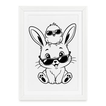 Lapin avec poussin et lunettes de soleil - Affiche encadrée (27 × 37 cm) - blanc - Devant
