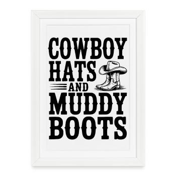 Chapeaux de cow-boy et bottes boueuses - Affiche encadrée (27 × 37 cm) - blanc - Devant