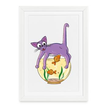 Chat violet sur le bocal à poissons - Affiche encadrée (27 × 37 cm) - blanc - Devant