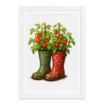 Motif de plants de tomates dans le jardin des bottes de caoutchouc - Affiche encadrée (27 × 37 cm) - blanc - Devant