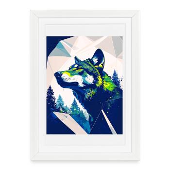 Loup géométrique néon dans les forêts - Affiche encadrée (27 × 37 cm) - blanc - Devant