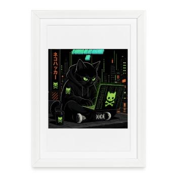 Neonkatze Hacker im Großstadtdunkel - Gerahmtes Poster (27 × 37 cm) - Weiß - Vorne