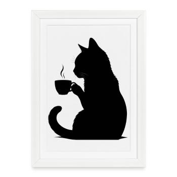 Minimalist Black Cat Drinking Coffee - Framed poster (27 × 37 cm) - white - Front