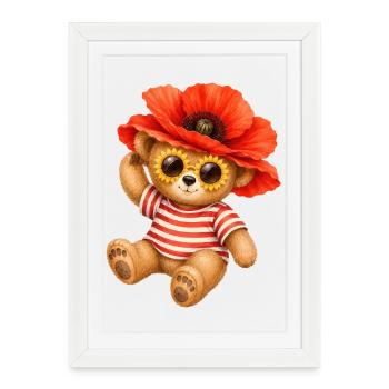 Cute Teddy Bear with Poppy Hat & Floral Glasses - Framed poster (27 × 37 cm) - white - Front