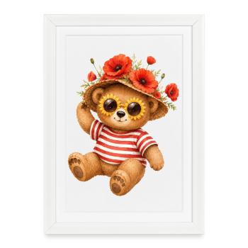 Petit ours mignon en été avec un chapeau de pavots - Affiche encadrée (27 × 37 cm) - blanc - Devant