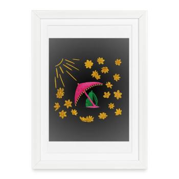 Fleurs dorées sous un parasol rose de plage - Affiche encadrée (27 × 37 cm) - blanc - Devant
