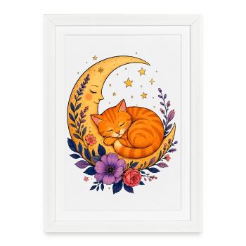 Chat de la Lune dans une Mer de Fleurs - Affiche encadrée (27 × 37 cm) - blanc - Devant