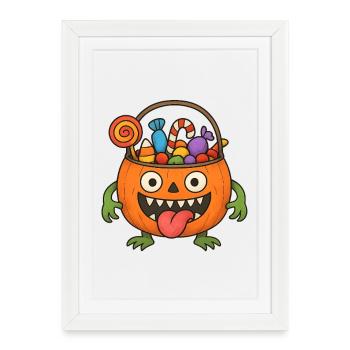 Monstre du seau de bonbons d’Halloween - Affiche encadrée (27 × 37 cm) - blanc - Devant