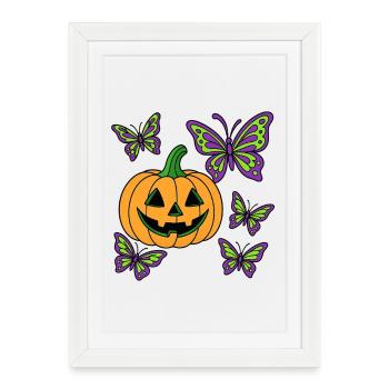 Citrouilles d’Halloween et papillons violets - Affiche encadrée (27 × 37 cm) - blanc - Devant