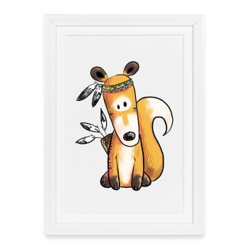 Fox américain indien avec robe en plumes Fun Cartoon Forest Animal - Affiche encadrée (27 × 37 cm) - blanc - Devant