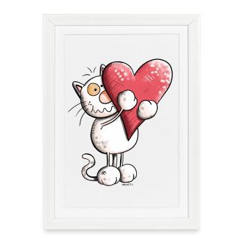 Chat avec coeur - Affiche encadrée (27 × 37 cm) - blanc - Devant