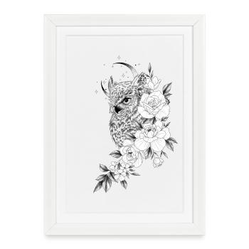 Dessin hibou chouette floral pivoine - Affiche encadrée (27 × 37 cm) - blanc - Devant