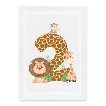 2e anniversaire : Animaux de la jungle : girafe, lion, singe - Affiche encadrée (27 × 37 cm) - blanc - Devant