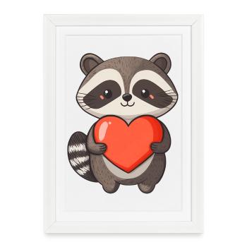 raton laveur tenant un cœur rouge - Adorable dessin animé - Affiche encadrée (27 × 37 cm) - blanc - Devant