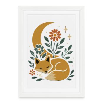 Renard nocturne et conception d’harmonie florale - Affiche encadrée (27 × 37 cm) - blanc - Devant