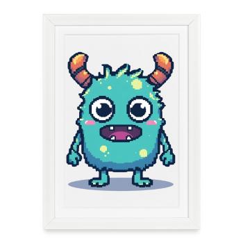 8-Bit Cute Pixel Monster Retro 90s Style - Framed poster (27 × 37 cm) - white - Front