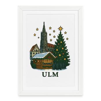 Cathédrale d’Ulm avec marché de Noël - Affiche encadrée (27 × 37 cm) - blanc - Devant
