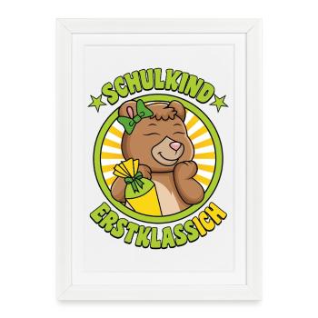 Schoolchild First Grade Me Bear with School Cone Girl - Framed poster (27 × 37 cm) - white - Front