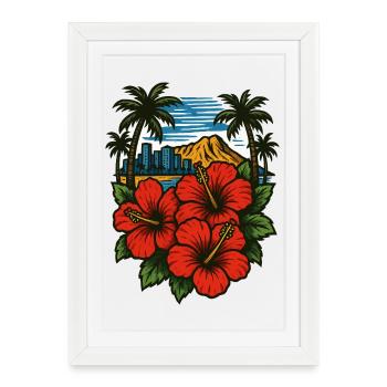 Hibiscus tropical Hawaii chez Skyline - Affiche encadrée (27 × 37 cm) - blanc - Devant