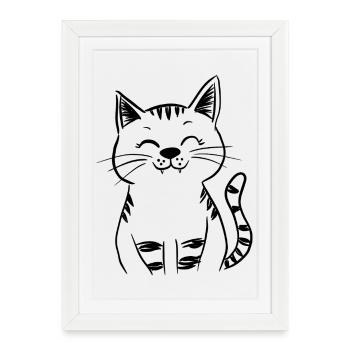 Minimal Smiling Cat Line Art – Happy Kitty - Framed poster (27 × 37 cm) - white - Front