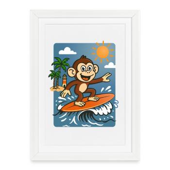Dessin animé du singe surfeur - Design tropical d’été - Affiche encadrée (27 × 37 cm) - blanc - Devant