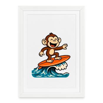 Dessin animé du singe surfeur - Design tropical d’été - Affiche encadrée (27 × 37 cm) - blanc - Devant