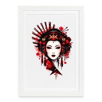 Geisha mystique dans le style artistique rouge - Affiche encadrée (27 × 37 cm) - blanc - Devant