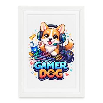 Gamer Dog – Kawaii Dog with Headset & Keyboard - Framed poster (27 × 37 cm) - white - Front