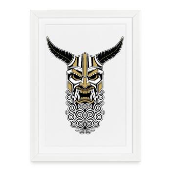 Masque Viking Guerrier Or et Blanc Totem Nordique - Affiche encadrée (27 × 37 cm) - blanc - Devant
