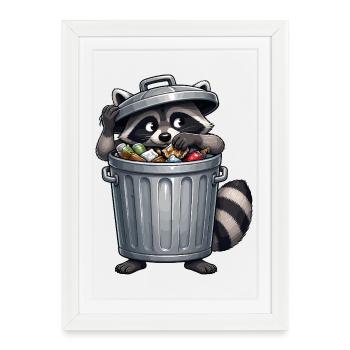 Raccoon in the trash can: Recycling hero - Framed poster (27 × 37 cm) - white - Front