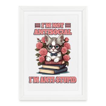 Chat malin avec lunettes de lecture - Affiche encadrée (27 × 37 cm) - blanc - Devant