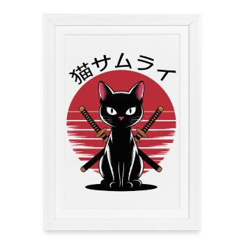Samurai Ninja Black Cat Japanese Vintage Sunset - Framed poster (27 × 37 cm) - white - Front
