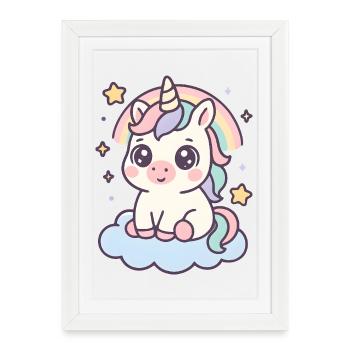 Licorne Kawaii sur Nuage Avec Étoiles Arc-en-Ciel - Affiche encadrée (27 × 37 cm) - blanc - Devant