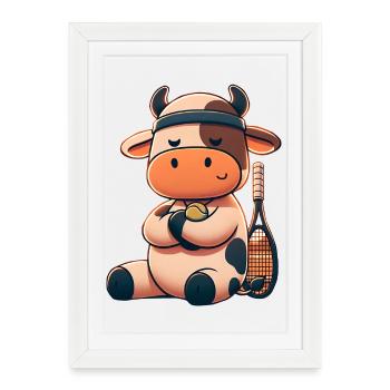 Mignonne vache de tennis avec raquette et balle - Affiche encadrée (27 × 37 cm) - blanc - Devant