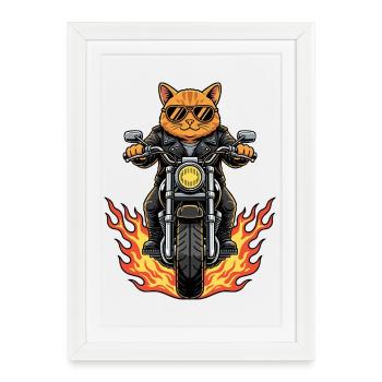 Motocycliste Chat Cool Flammes de moto - Affiche encadrée (27 × 37 cm) - blanc - Devant