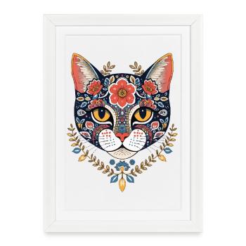 Création artistique florale de tête de chat - Affiche encadrée (27 × 37 cm) - blanc - Devant