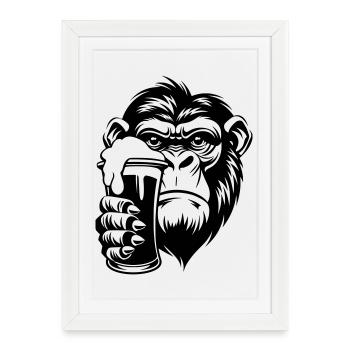 Singe tenant une boisson avec de la mousse - Affiche encadrée (27 × 37 cm) - blanc - Devant