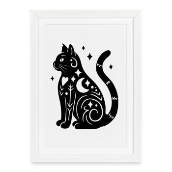 Magische Katze - Schwarz mit Sternen - Gerahmtes Poster (27 × 37 cm) - Weiß - Vorne