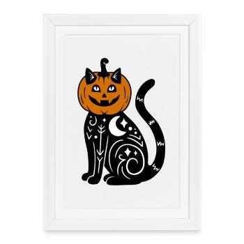 Halloween Katze Kürbiskostüm - Gerahmtes Poster (27 × 37 cm) - Weiß - Vorne