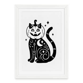 Halloween Katze Kürbiskostüm - Schwarz mit Sternen - Gerahmtes Poster (27 × 37 cm) - Weiß - Vorne
