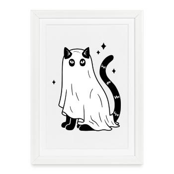 Halloween Katze Gespenst - SW mit Sternen - Gerahmtes Poster (27 × 37 cm) - Weiß - Vorne