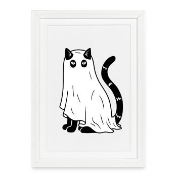 Halloween Katze Gespenst - SW - Gerahmtes Poster (27 × 37 cm) - Weiß - Vorne