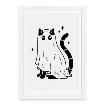 Halloween Katze Gespenst - Schwarz mit Sternen - Gerahmtes Poster (27 × 37 cm) - Weiß - Vorne
